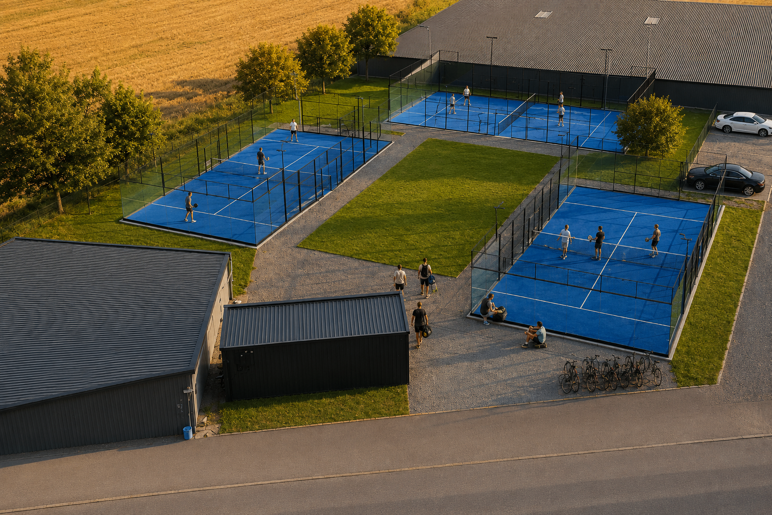 Padelfabrik-Anlage im goldenen Abendlicht